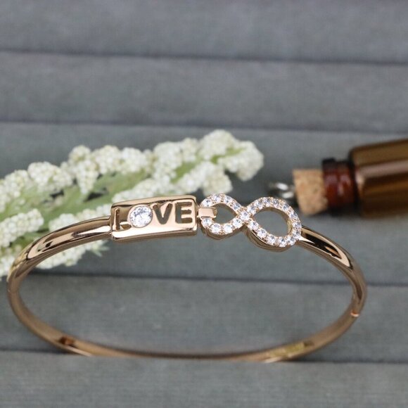 Rose Gold LOVE & Infinity Symbol Bangle with Sparkling Stones, XPBL0476 - Picture 1 of 12